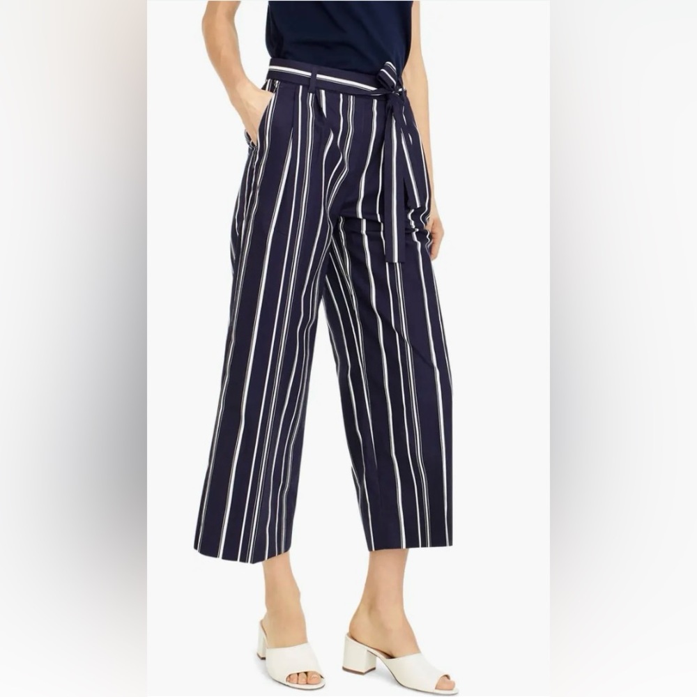 10 🔖 J.CREW P-Striped Wide Leg Cropped Pant Navy Blue WQ3736 $128